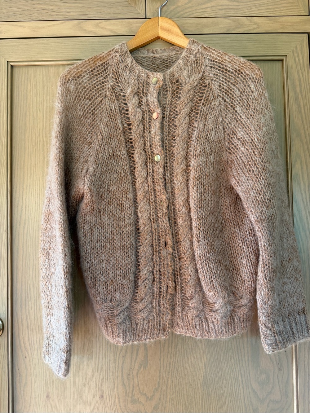 Vintage Hand Crafted Tan Cable Knit Mohair Cardigan size Small-Medium